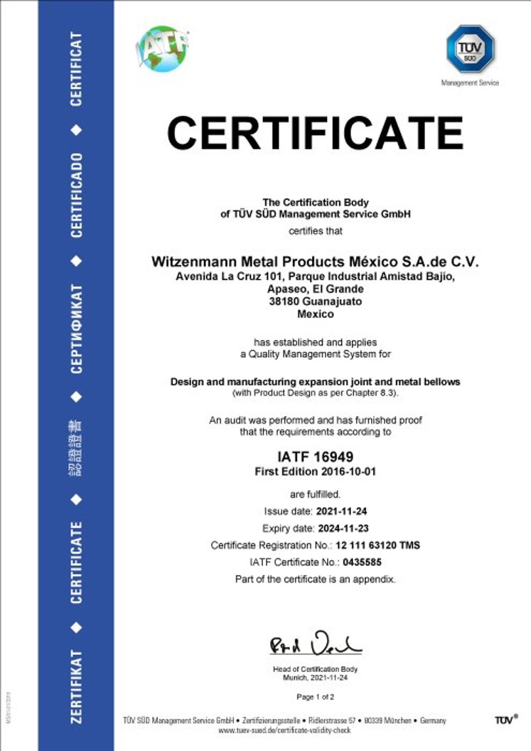 IATF 16949:2016 Certificate Witzenmann Mexico 